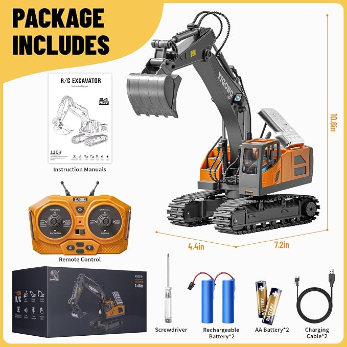 Remote Control Excavator Toy, 11 Channel RC Construction Digger with Metal Shovel, Lights & Sounds, 2.4GHz Rechargeable All-Terrain Excavator for Kids 3-14, Perfect for Sand, Dirt & Outdoor Play