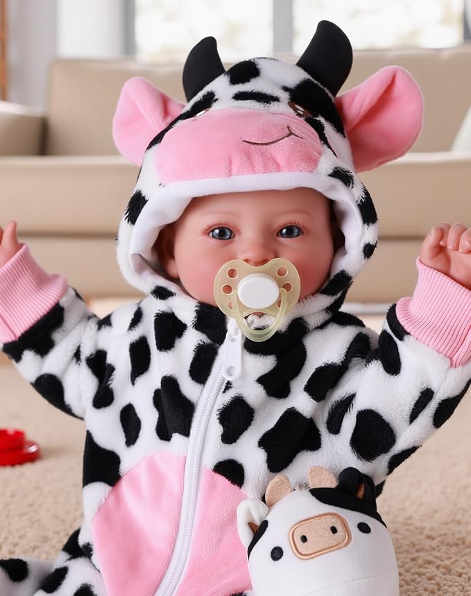 BABESIDE Baby Doll Girl - 17-Inch Soft Body Realistic Baby Doll with Blue Eyes and Cow Outfit Lightweight Real Life Baby Dolls for 3+ 4 5 6 7 8 9 Years Girl Birthday Gifts, Pretend Play and Christmas