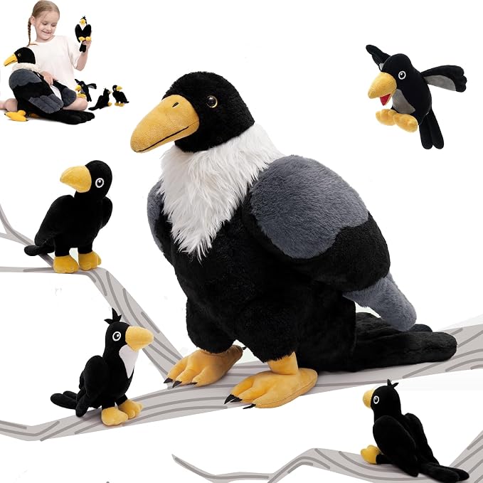 MorisMos Crow Raven Stuffed Animals, 26'' Mommy Raven Plush with 4 Baby Crow Plush Toys for Kid Girl Boy Bird Lover Christmas Birthday Gift, Realistic Black Bird Decor for Halloween Easter Baby Shower