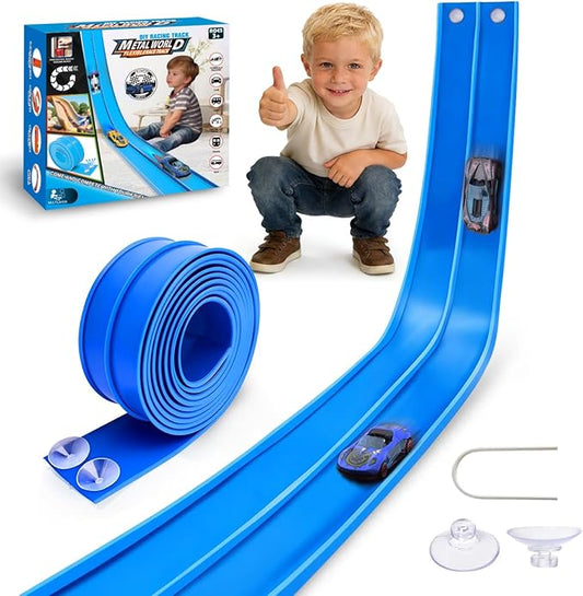 Flexible Race Track for Kids Age 3+, 15 Ft Blue Car Track with Suction Cup | Rolls Up Toddler Car Ramp Toys Compatible with Diecast 1/64th Cars, Portable Flex Tracks for Boys Indoor Outdoor Play