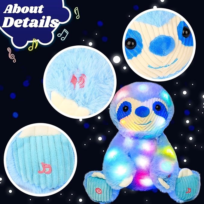 Light-up Singing Plush Blue Sloth LED Musical Stuffed Animal Adjustable Volume Lullaby Plushies Birthday Christmas Toy Gifts for Kids Toddler Girls, 13"