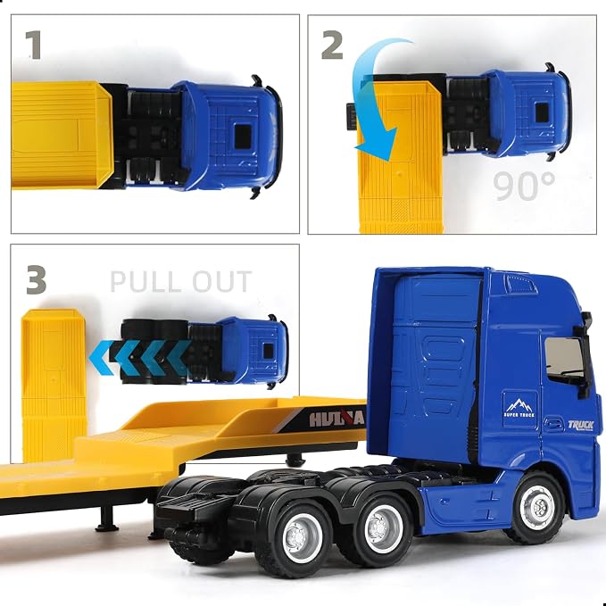 Semi Truck Toy and Trailer, 1/50 Scale Diecast Alloy Metal Semi and Trailer Model Gifts for Boys Adult Model Car Collector (10.Semi Truck and Excavator Set-Blue)