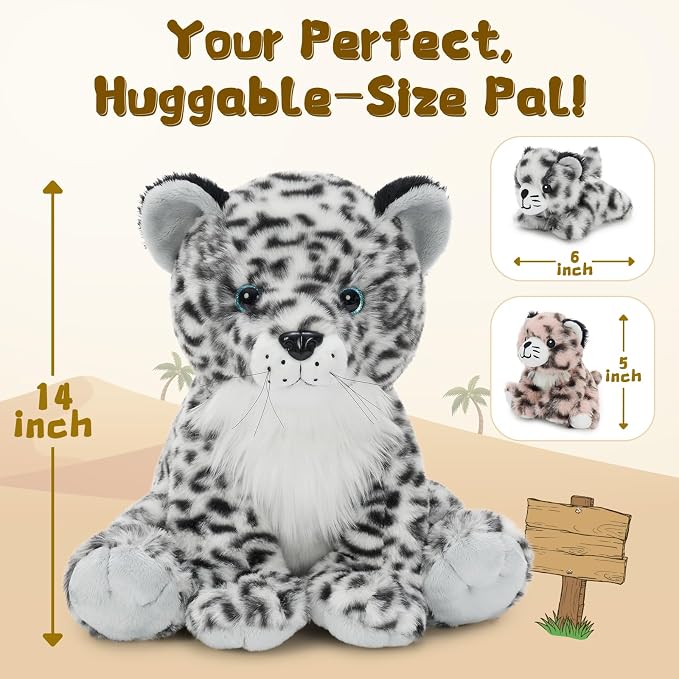 MorisMos Snow Leopard Stuffed Animal with Babies, 5-in-1 Plush Family, 14" Mommy Snow Leopard with 4 Baby Cubs, Soft Cuddly Big Cat Plush Toys Gifts for Kids Birthday Jungle Baby Shower Nursery Decor