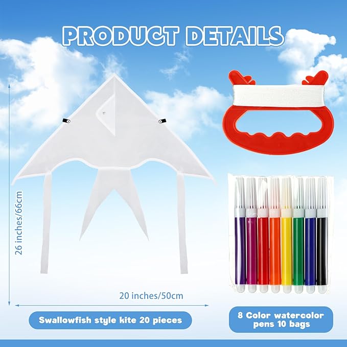Honoson 20 Pieces DIY Blank Kite with Watercolor Pens and String 20 Inch Making Craft Kits Decorating Coloring Kite Pack for Outdoor and Activities