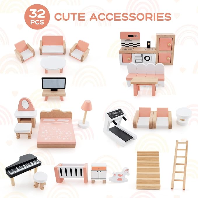 Costzon Wooden Dollhouse for Kids, 3-Story Luxury Doll House with 32 Pieces Furniture Accessories, 7 Rooms, Stairs & Balcony, DIY Pretend Dollhouse Playset, Gift for Girls Toddlers Ages 3+ (Colorful)