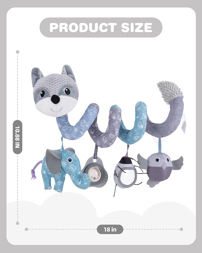Jollybaby Crib Stroller Car Seat Toys for Baby 0-3-6-9-12 Months, Tummy Time Hanging Sensory Toys for Newborn with Music Box and Teether, Spiral Carseat Toy for Infant Boys Girls Gifts (12-Grey Fox)