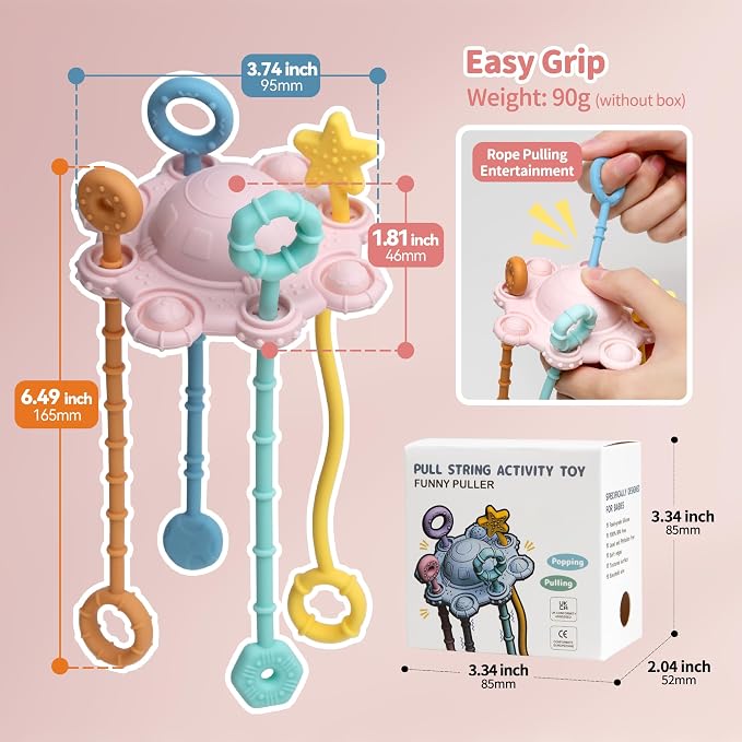 Montessori Pull String Toy Silicone Travel Toy | Food Grade Silicone Early Development Toy, Fine Motor Skills Sensory Toys, Montesorri Gifts (Pink)