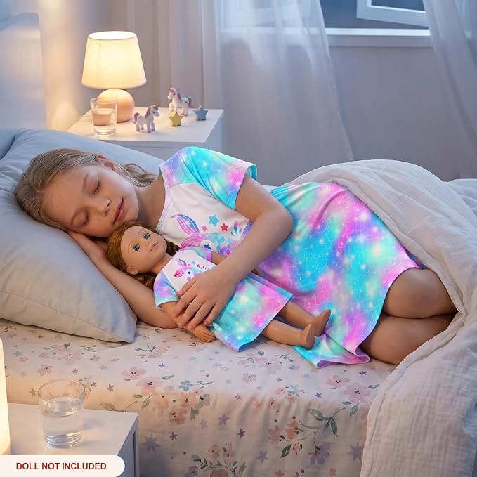 Play Tailor Doll and Girl Matching Nightgown Unicorn Outfit Pajamas Night Dress for Girls and 18" Dolls Clothes