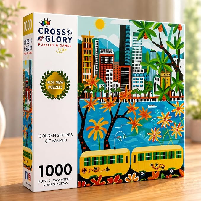 Cross & Glory - Golden Shores of Waikiki - 1000 Piece Jigsaw Puzzle for Adults | Best New Honolulu Artwork Puzzle | Unique Hawaiian Island Challenge