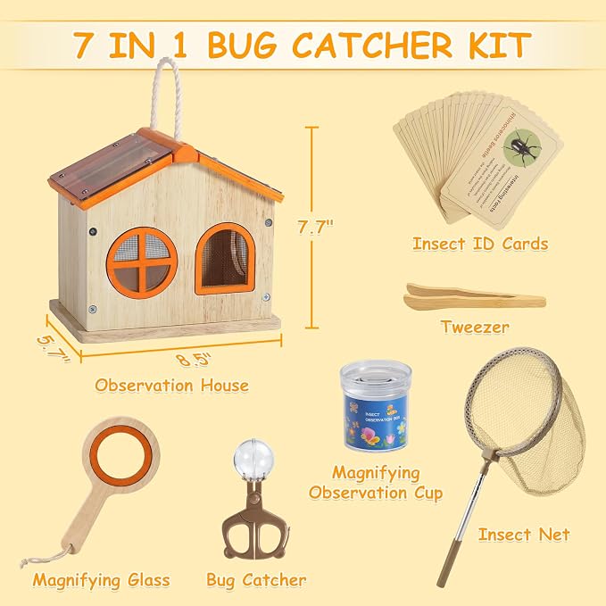 SainSmart Jr. Bug Catcher for Kids - Wooden Bug Habitat with Magnified Viewer, Butterfly Net, Observation Box, Tweezers & 15 Cards, Outdoor Toys & STEM Toys for Boys & Girls Ages 3+, Orange
