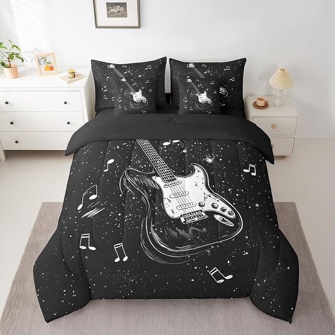 Feelyou Music 7 Pieces Bedding Set Twin Size Guitar Comforter Set with Sheets for Kids Boys Girls Guitar Instruments Bed in a Bag Rock Music Bed Set