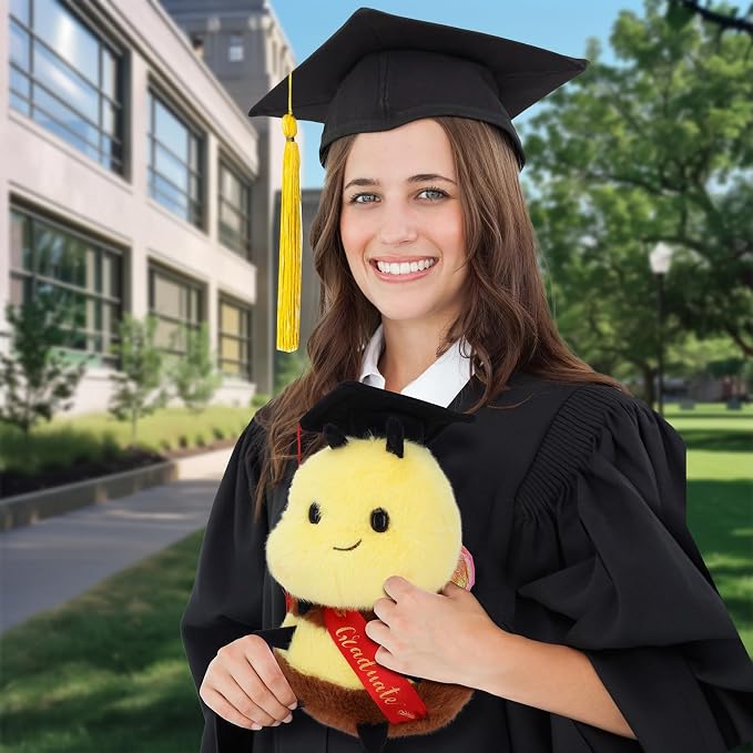 Chubby Smiling Bee Plush Toy with Doctoral Cap - Adorable Graduation - Inspired Stuffed Animal, Perfect Graduation Gift for Students (8 Inch)