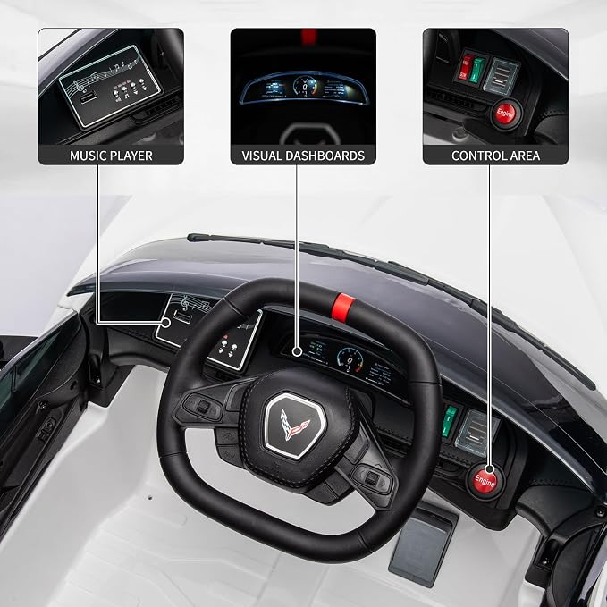 Garvee 12V Kids Ride on Car Licensed Corvette Toddlers Electric Sports Car Ride on Toy with Remote Control, Visual Dashboard, LED Lights, Music for Boys & Girls, White