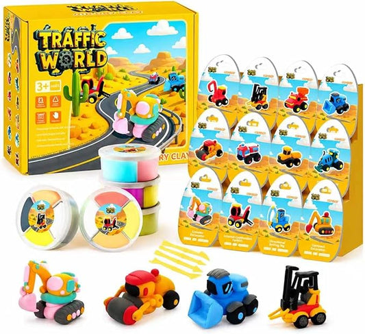 Air Dry Clay Kit for Kids – 12 Pack Construction Vehicles Modeling Clay Set | DIY Art Crafts with Sculpting Tools & Tutorials, Ultra Light Soft Magic Clay Car, Birthday Party Favors for Boys Girls