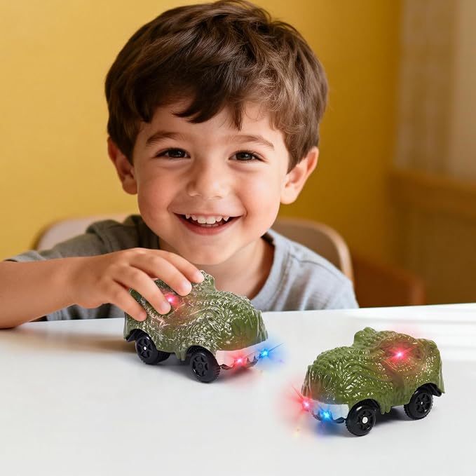 Funbud 2-Pack Dinosaur Race Car Toy for Kids - Birthday Gift for 3 4 5 6 7 Year Old Boys, LED Light Up Track Racing Car Compatible with Most Dino Race Track