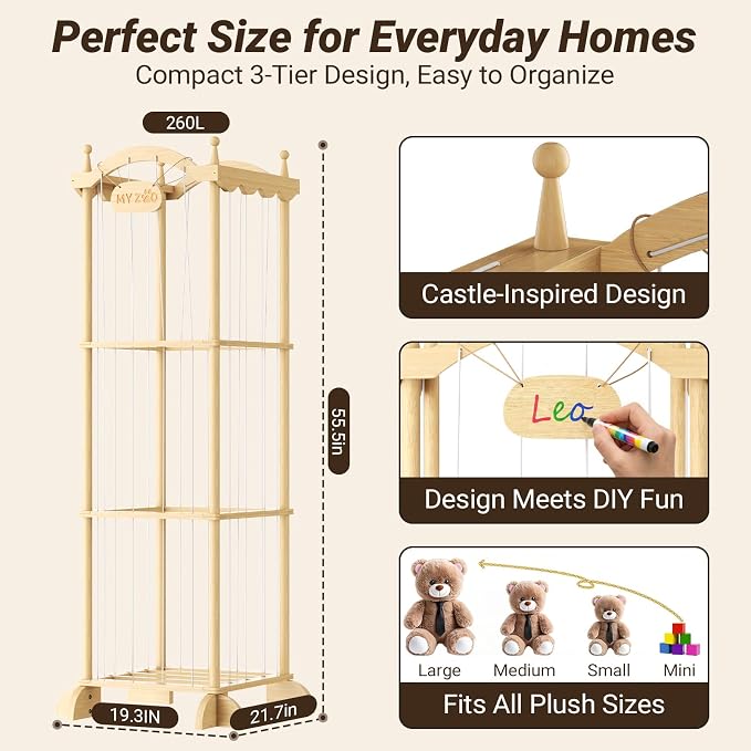 COSYLAND Stuffed Animal Storage Organizer for Kids Room - Large Pine Wood Plush Toy Holder with Elastic Cords & Nameplate - Cute Castle Toy Zoo for Toddler Room & Corner (Colorful Chain)
