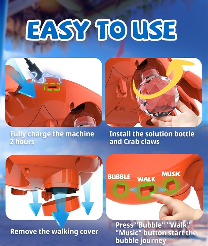 360° Crawling Crab Bubble Macine, Obstacle Avoidance, Music & LED Light | USB-C Rechargeable Tummy Time Toy, 3 Separate Buttons Control Bubbles, Movement & Music, Gift for 3+ Toddlers, Boys, Girls