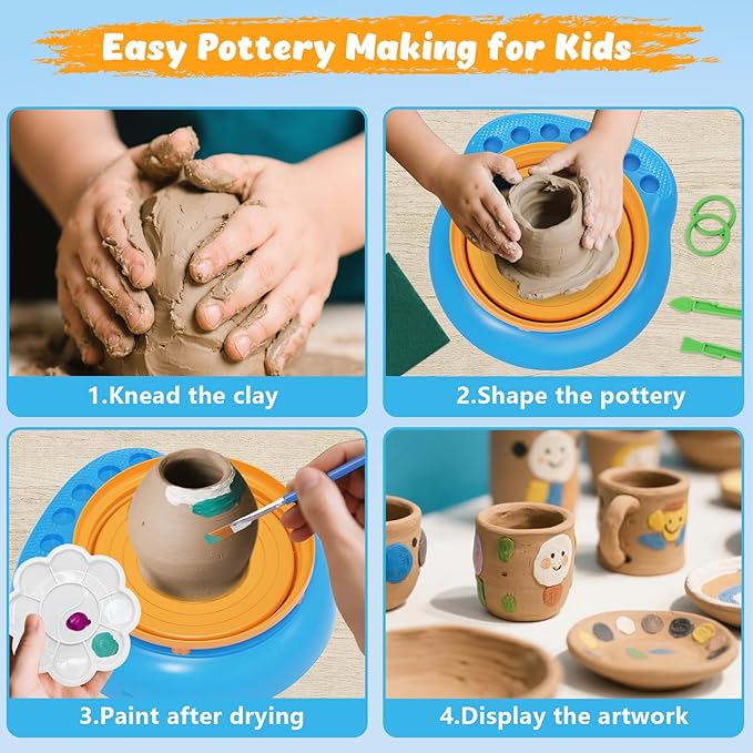Pottery Wheel for Kids with Complete Clay Kit,Beginner Pottery Painting Set with Air Dry Clay,12 Paints,Sculpting Tools,Apron and Guide,Arts and Crafts Christmas Birthday Gift for Girls Boys Ages 6-12