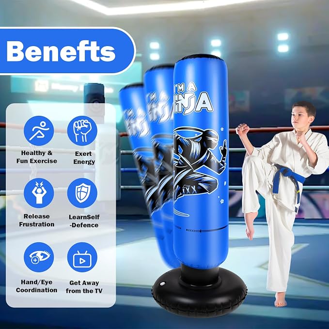 Onirii Kids Inflatable Punching Bag | Large Stable Kids Inflatable Boxing Bag Toy Set with Gloves for Boys & Girls Age 3-12 for Taekwondo,MMA and Practicing Karate
