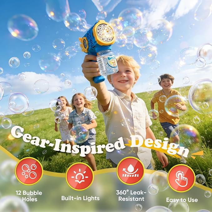 Bubble Gun, Automatic Bubble Machine for Kids with Lights, 2 Pack | 2-pack red and blue bubble guns with lights and leak-resistant bottles for ages 3+, outdoor parties and backyard play.