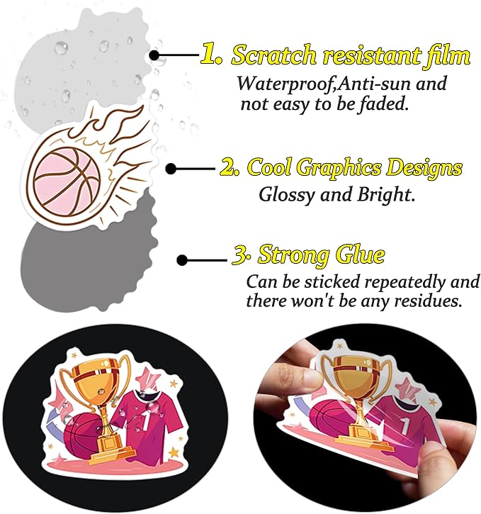 QTL Pink Basketball Stickers for Girls Teens, Basketball Party Supplies, Waterproof Vinyl Stickers for Water Bottles and Laptop, 50PCS