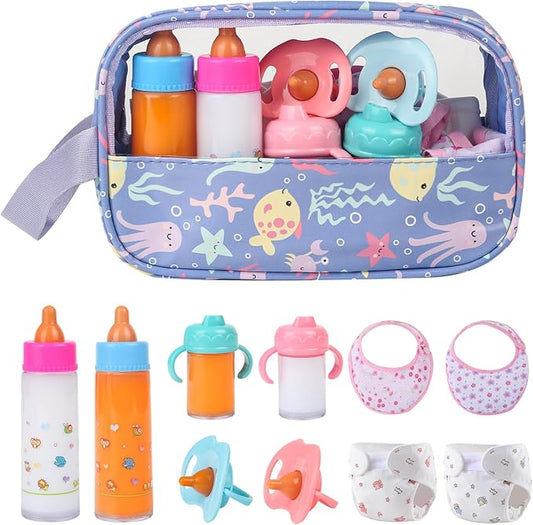 CARANOVO 6-Piece Baby Doll Feeding Set – Magic Bottles & Pacifiers for 10–24 Inch Dolls, Disappearing Milk & Juice Bottles, Pretend Play Accessories for Kids