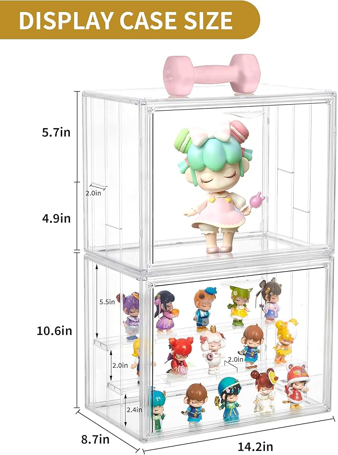 LXLXXL Acrylic Display Case for Collectibles 3 Layer Adjustable Figure Display Cases with Magnetic Door Clear Stackable Display Box for Figures Showcase 2Pack