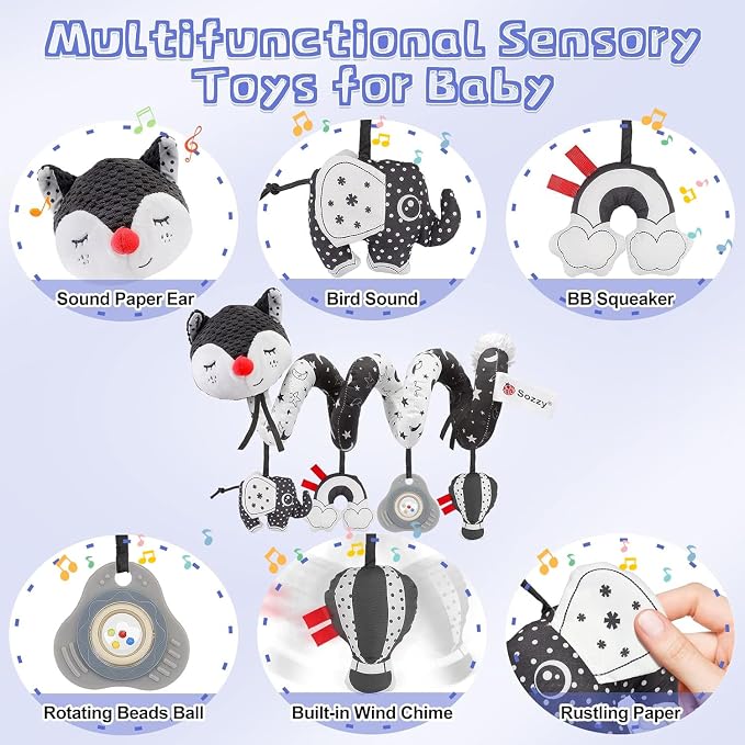 Car Seat and Stroller Toys - Black and White Car Seat Toy High Contrast Baby Toys, Baby Plush Spiral Activity Toy for Crib Mobile, Newborn Sensory Toy Best Gift for 0 3 6 9 12 Months Infants
