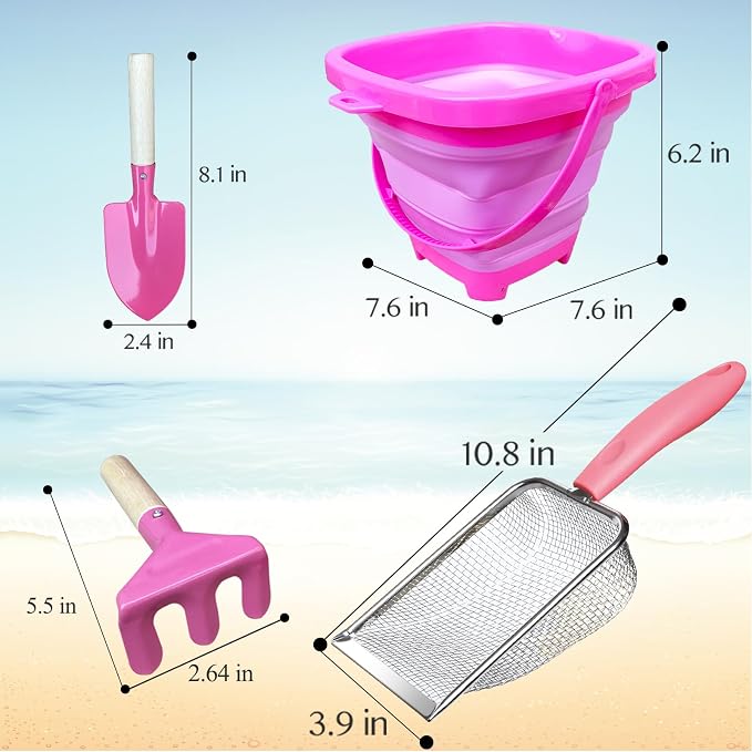 5 Pcs Sand Toys Beach Set Include 1 Metal Shovel,1 Metal Rake,1 Foldable Beach Bucket & 1 Sand Sifter with 1 Mesh Beach Bag for Shells Collecting