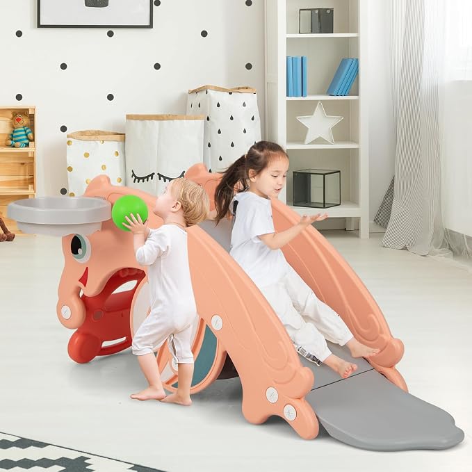 Costzon 4 in 1 Toddler Slide Rocking Toy, Slide for Kids with Basketball Hoop, Rocking Horse, Climber Playground Kids for Both Indoors Outdoor Use (Pink Frog)