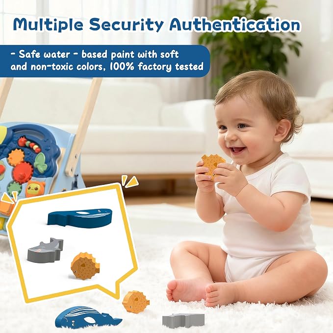 2 in 1 Wooden Baby Walker and Activity Center for Girls Boys Sit-to-Stand Learning Toy Kids Montessori Educational Push Toys with Music Detachable Busy Keyboard for Toddlers Blue
