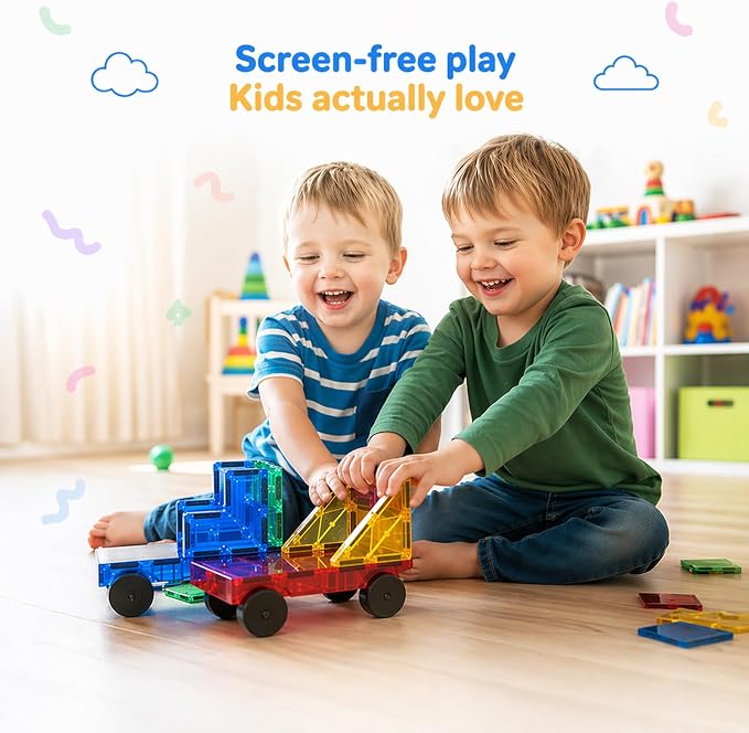 AFUNX Magnetic Tiles,102PCS Magnetic Building Blocks 3D Clear Construction Playboards, Inspiration, Creativity Beyond Imagination, Educational Magnet Toy Set for Kids with 2 Cars