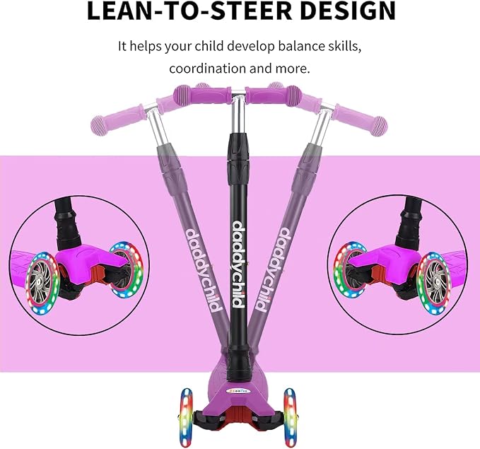 Scooters for Kids 3 Wheel Kick Scooter for Toddlers Girls & Boys, 4 Adjustable Height, Lean to Steer, Extra-Wide Deck, Light Up Wheels for Children from 3 to 14 Years Old