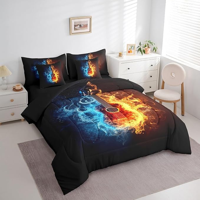 Feelyou Guitar Comforter Set with Sheets King Size Rock Music Bed in a Bag for Boys Girls Teens Black Blue Orange 7 Pieces Bedding Set Soft Lightweight Microfiber