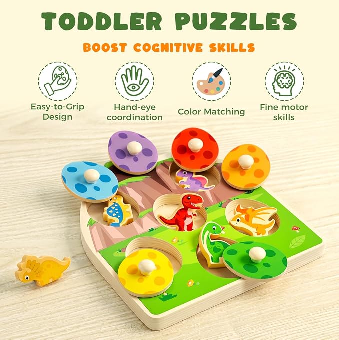 3 otters Dinosaur Peg Puzzles, Wooden Learning Toys Shape Sorter Color Match Games, Educational Memory Activities for Toddler Montessori Development Entertainment Prek Kindergarten Boys Girls Gifts