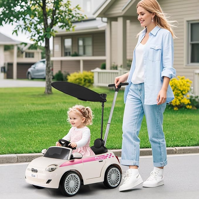 OLAKIDS Push Car for Toddlers, 3 in 1 Licensed Fiat 500e Baby Sliding Walking with Parent Control Handle Adjustable Canopy Footrest, Kids Ride on Toys with Horn for Boys Girls (White)
