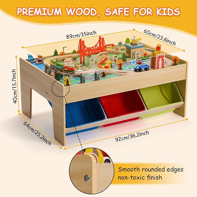 SainSmart Jr. Wooden Train Table – Kids Play Table with Built‑in Storage & Wooden Train Set | Toddler Activity Table Set for Ages 3+, Compatible with Major Wooden Train Brands