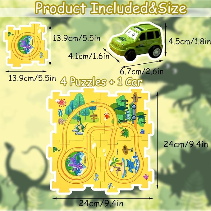 4 Year Old Boy Birthday Gift, Puzzle Racer Kids Car Track Set Puzzle Racer Car Track Set with Roadmap Puzzle Track Car Play Set Toys for 4 Year Old Boys (E-Dinosaur, Set3-5Pcs)