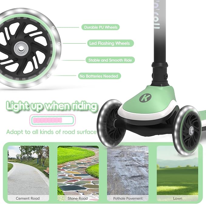Kicknroll Toddler Scooter 3 Wheel Kids Kick Scooters with Dynamic Light-Up Non-Slip Deck & LED Wheels, 4 Adjustable Height, Foldable, Lean-to-Steer Design for Girls Boys Ages 3-8 Max 110 Lbs