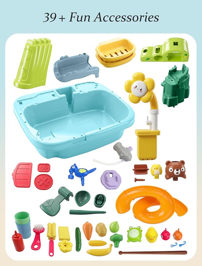 Water Table for Toddlers 1-3 with Pump: Summer Sensory Play Sink, Kitchen Fishing Playset with Running Water, Indoor Outdoor Montessori Water Toy Gift for Kids, BPA-Free, Non-Toxic