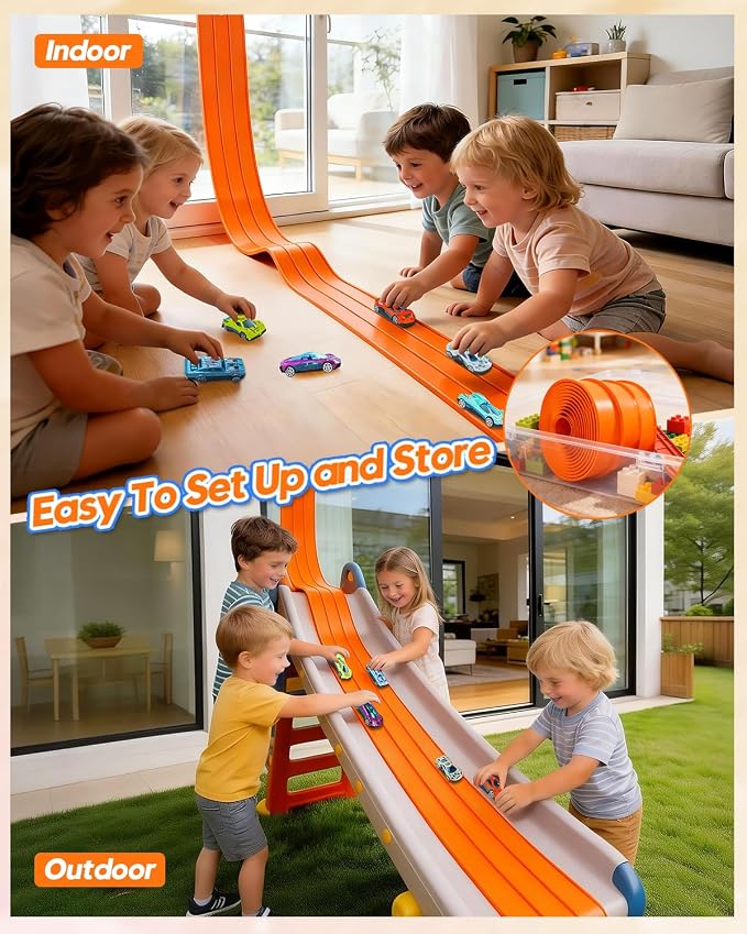 3-Lane Flex Track 15 Ft Flex Race Car Track with 6 Toy Cars,Portable DIY Racetrack Compatible Diecast 1/64th Cars for Ages 3 Up,Birthday Gifts for Boys(Orange)