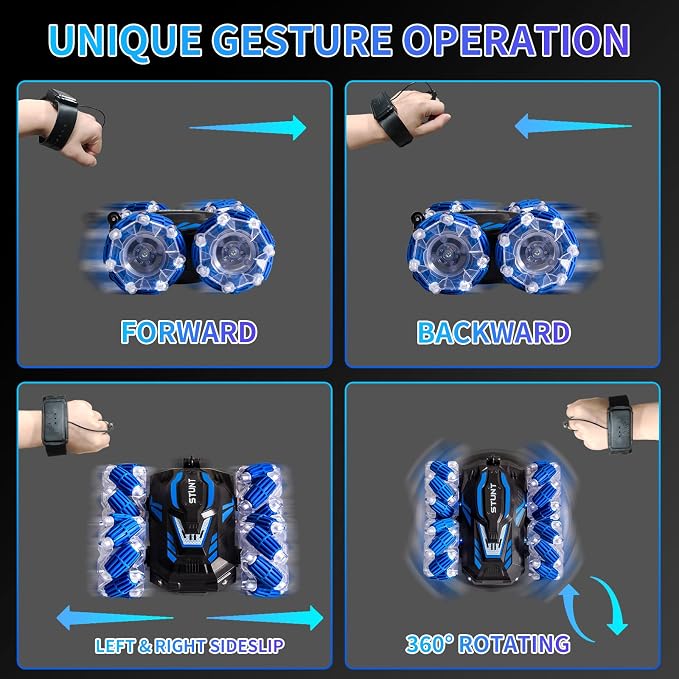 Remote Control Car, 4WD Gesture Sensing RC Stunt Car, Double Sided 360° flip, with Cool Lights and Music, Birthday Present Toys Car for Boys SND Girls Aged 5-12 (Blue)