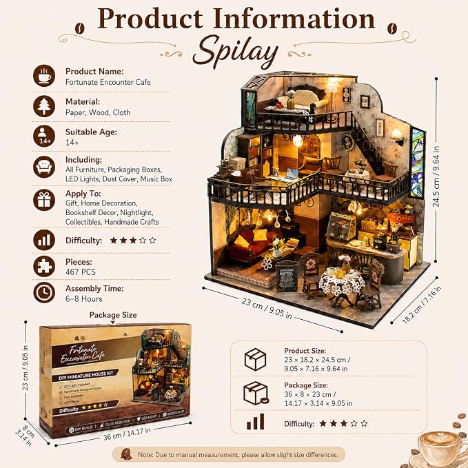 Spilay DIY Miniature House Kit for Adults, Miniature Dollhouse Building Kit | With Warm Light, Music Box & Dustproof Cover, Creative DIY Craft for Bookshelf Decor, Room Decoration & Gift Giving