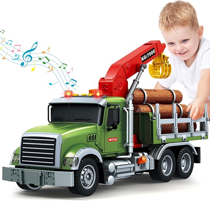 Bstoyder Kids Toys for 3 4 5 6 7 8 Years Old Boys, 15" Farm Logging Truck Toy with Loading Crane and 6 Trunks, Lights, Sounds, Toddler Friction Powered Truck Vehicle Toy for Boys Girls Birthday Gifts
