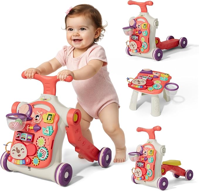QDRAGON 5 in 1 Walker for Baby Girl, Baby Push Walkers, Assemble as Scooter/Motorbike/Activity Center/Detachable Panel, Walking Toys for Infants, Red