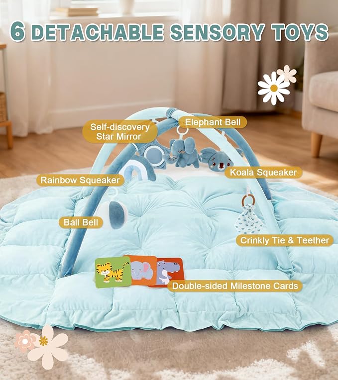 5-in-1 Baby Play Gym and Tummy Time Mat, 12 Learning Cards, Plush Activity Mat with 6 Toys, Baby Gym, Convertible to Ball Pit, Baby Gift, Blue