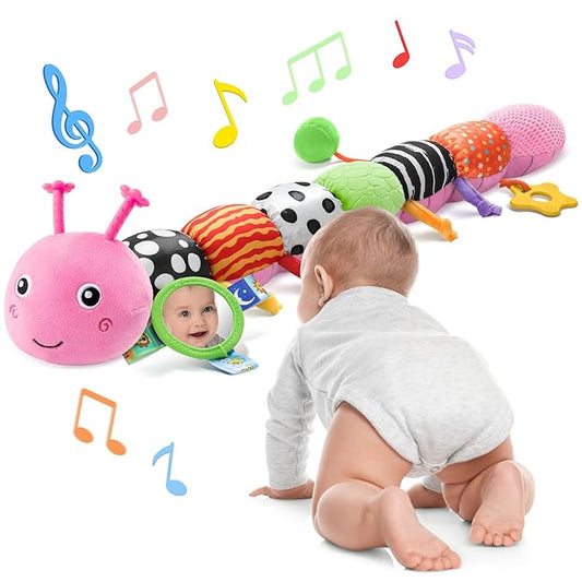 AWOTOY Baby Sensory Toys Music Caterpillar Plush Infant Toys 0 6 12 Months | Stuffed Animals Tummy Time Teething Toys with Mirror Pull String Rattle Baby Toys for Newborn Boy Girl Shower Birthday Gifts
