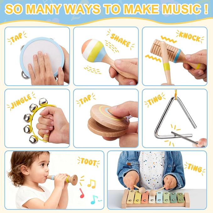 Baby Musical Instruments Set Montessori Wooden Music Toys for Toddlers 3 4 5 Neutral Color Percussion Music Kit with Drum, Xylophone,Storage Bag, Birthday Preschool Learning Gift for Boys Girls