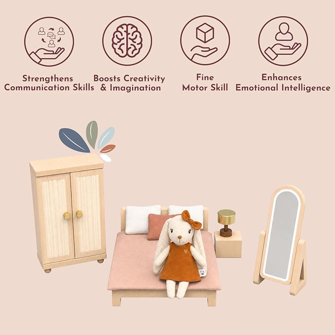 SPEEDY MONKEY Doll House Bedroom Playset – Wooden Playhouse with Bunny Character & Furnitures Set for Kids, Pretend Play Dollhouse and Imaginative Room Décor Storytelling for Toddlers & Preschoolers