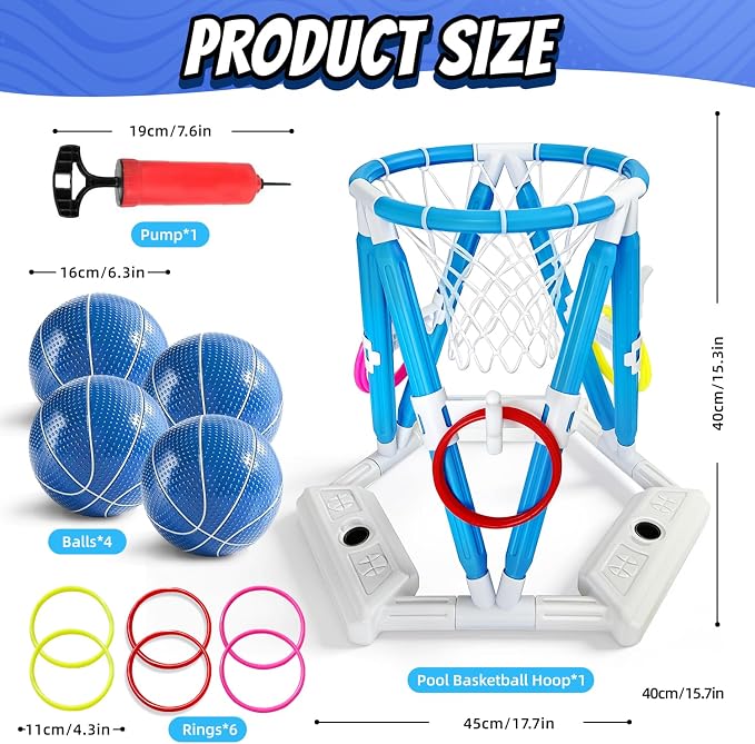 2-in-1 Pool Basketball Hoop & Ring Games, Summer Water Outdoor Party Pool Toys for Kids Ages 4-8, 8-12, Summer Outdoor Water Toys Pool Games for Adults and Family Birthday Pool Basketball Games Toys
